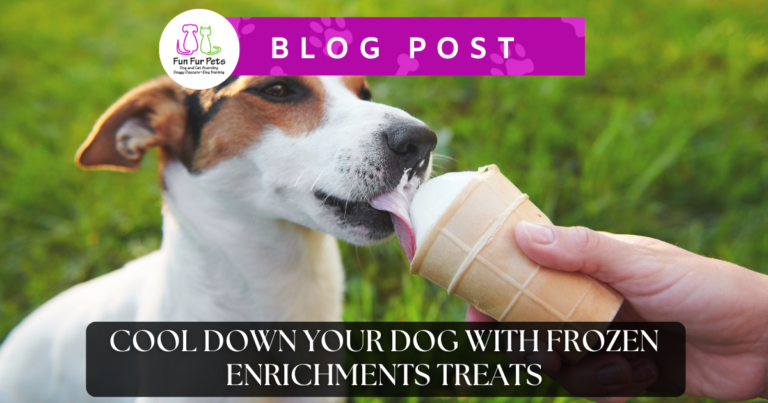 dog licking and ice cream cone being held by a hand. Text overlay says "blog post" and "Cool Down Your Dog with Frozen Enrichment Treats".